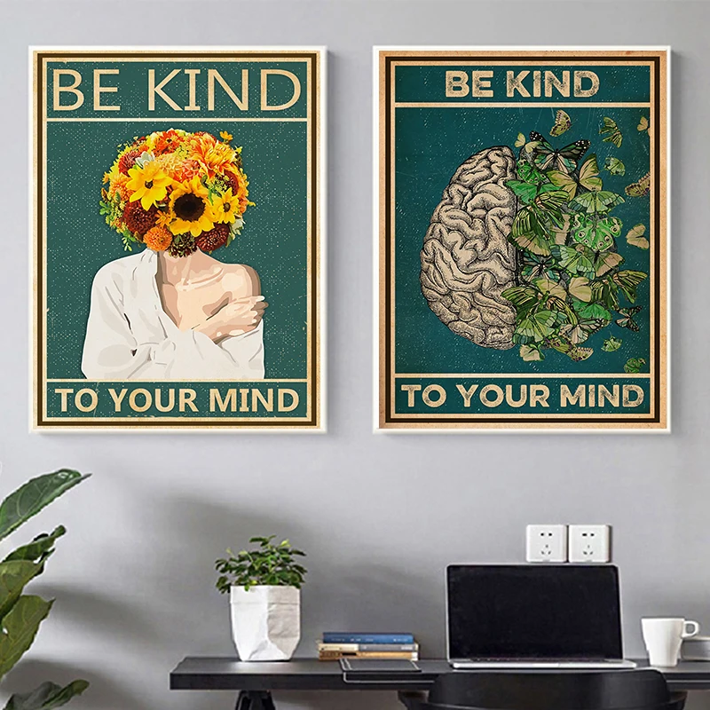 

Mental Be Kind To Your Mind Vintage Canvas Posters and Prints Mental Health Awareness Painting Wall Art Pictures Home Decoration