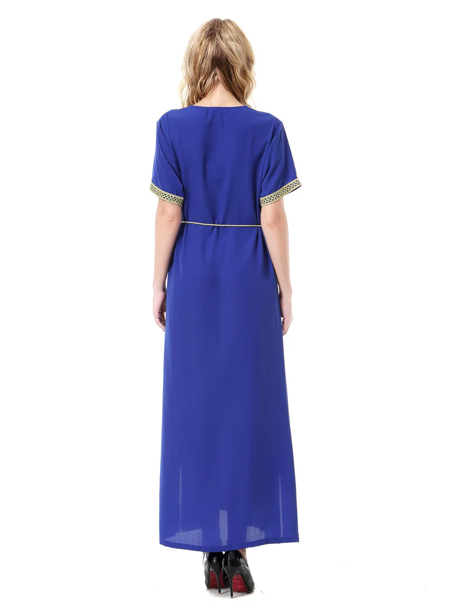 

Women Muslim Abaya Maxi Dress Appiques New Summer Short Sleeve Long Robe Islamic Prayer Middle East Ramadan Lace-up Vestidos