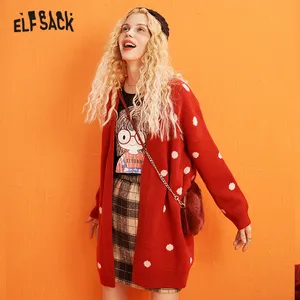 Женский однотонный кардиган ELFSACK, бежевый Повседневный вязаный кардиган в горошек на одной пуговице, с длинным рукавом, в Корейском стиле, зима 2019