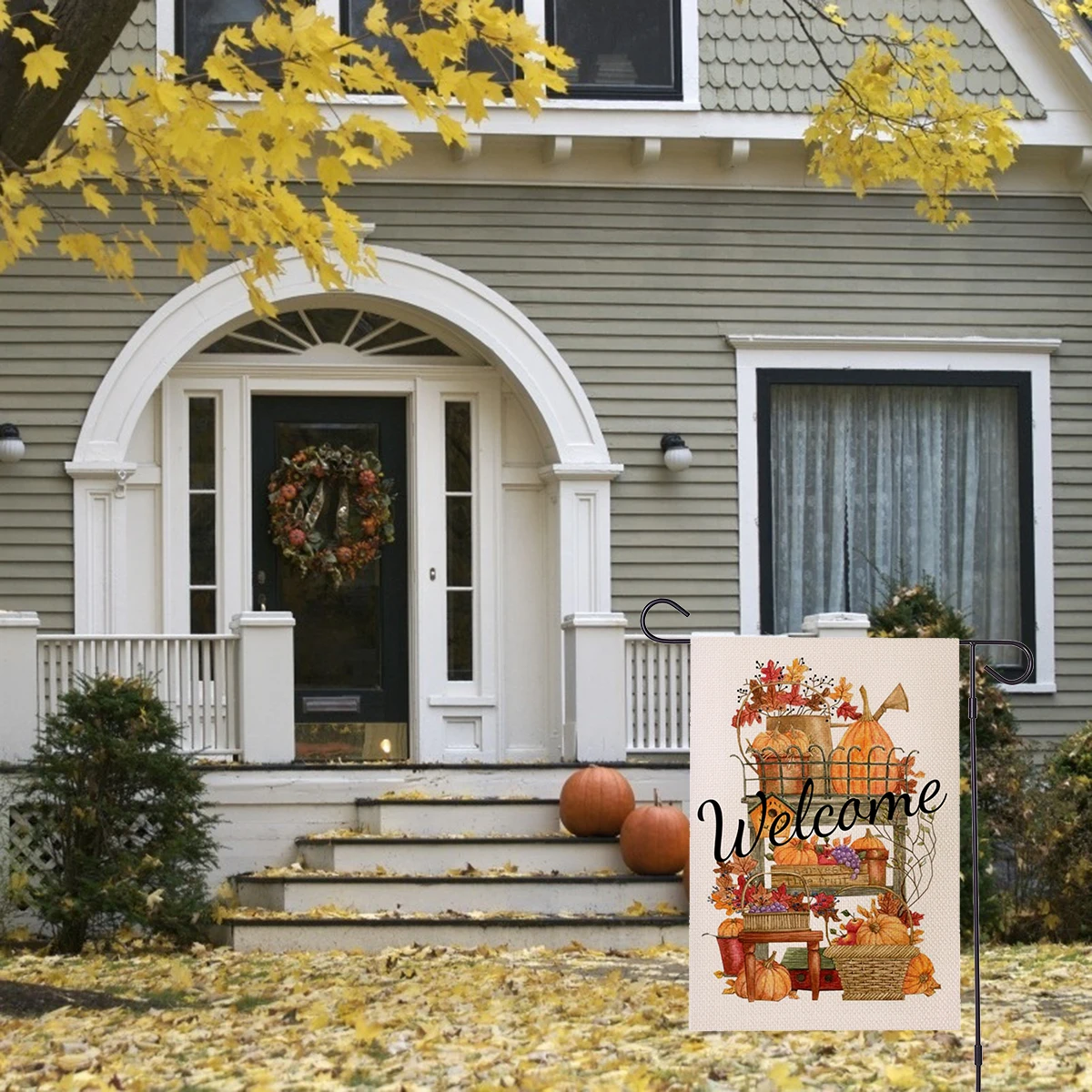 

Fall Welcome Garden Flag 12"x18" Autumn Pumpkin Leaves Flag Double Sided Linen Flag for Garden Patio