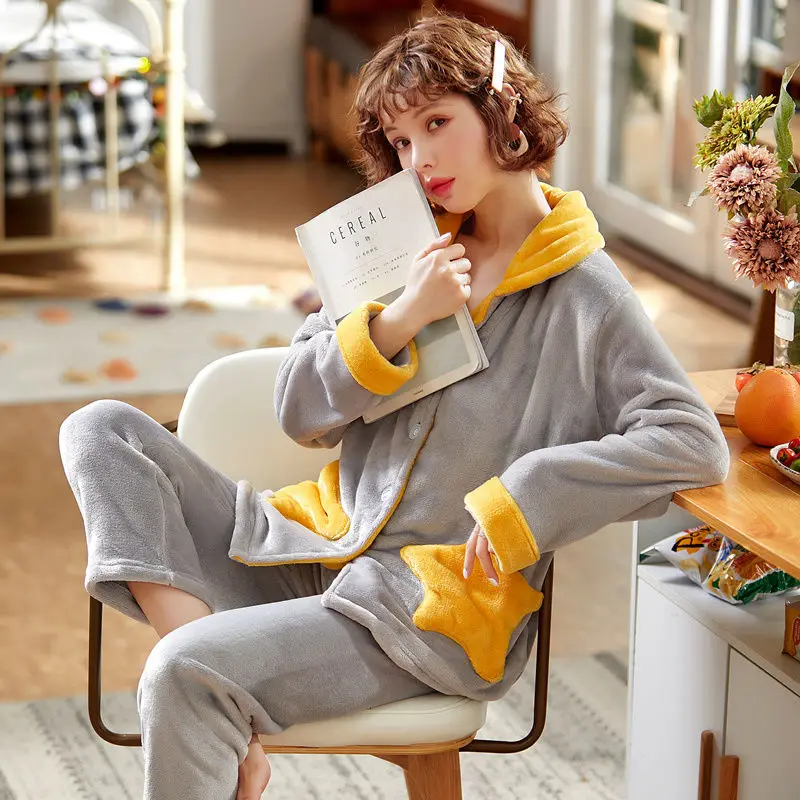 Thick Winter  women Pajamas  Sleepwear Warm Flannel Pajama Long Sleeves Cute Stars Animal Homewear Home Suit