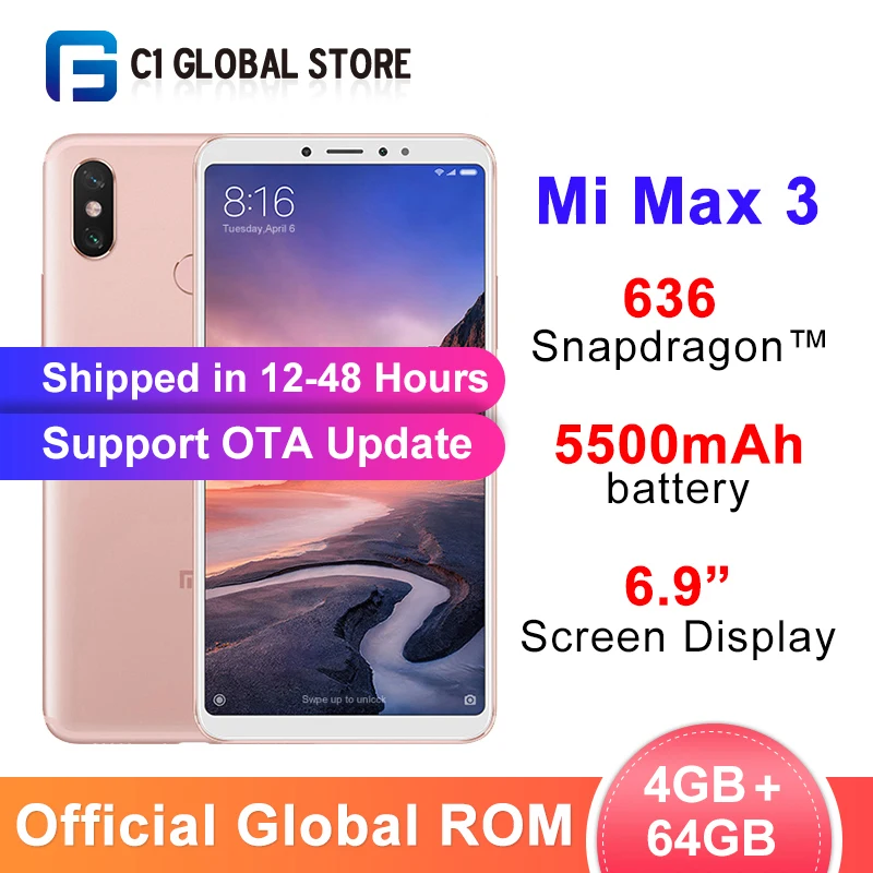 Xiaomi Mi Max 3 смартфон с восьмиядерным процессором Snapdragon 636 ОЗУ 4 Гб ПЗУ 64 ГБ 2160x1080 6 9
