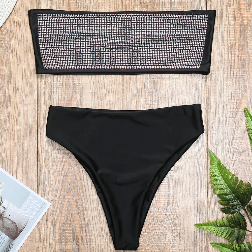 Sexy Bikini Set Luxury Neon Yellow Full Rhinestone Two Pieces Bra Set Women 2020 Sexy Elastic Bandage Diamond Underwear Bras Set