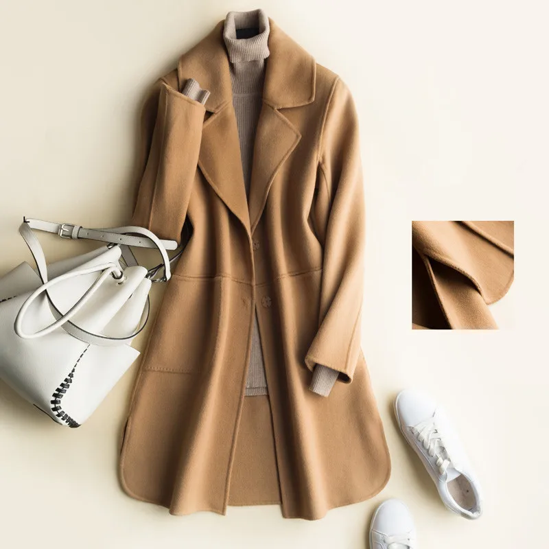 Женское длинное двустороннее кашемировое пальто Корейская верхняя одежда из 2019
