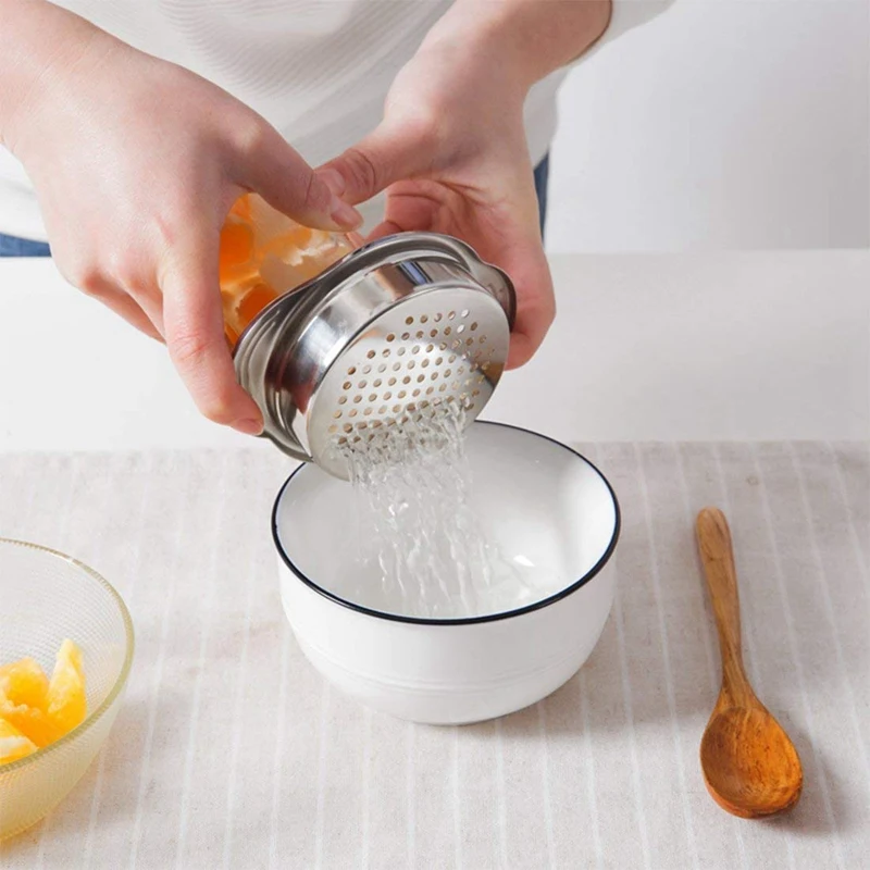 

Stainless Steel Food Can Strainer Sieve Tuna Press Lid Oil Drainer Remover, Unique No-Mess Dishwasher Safe Design