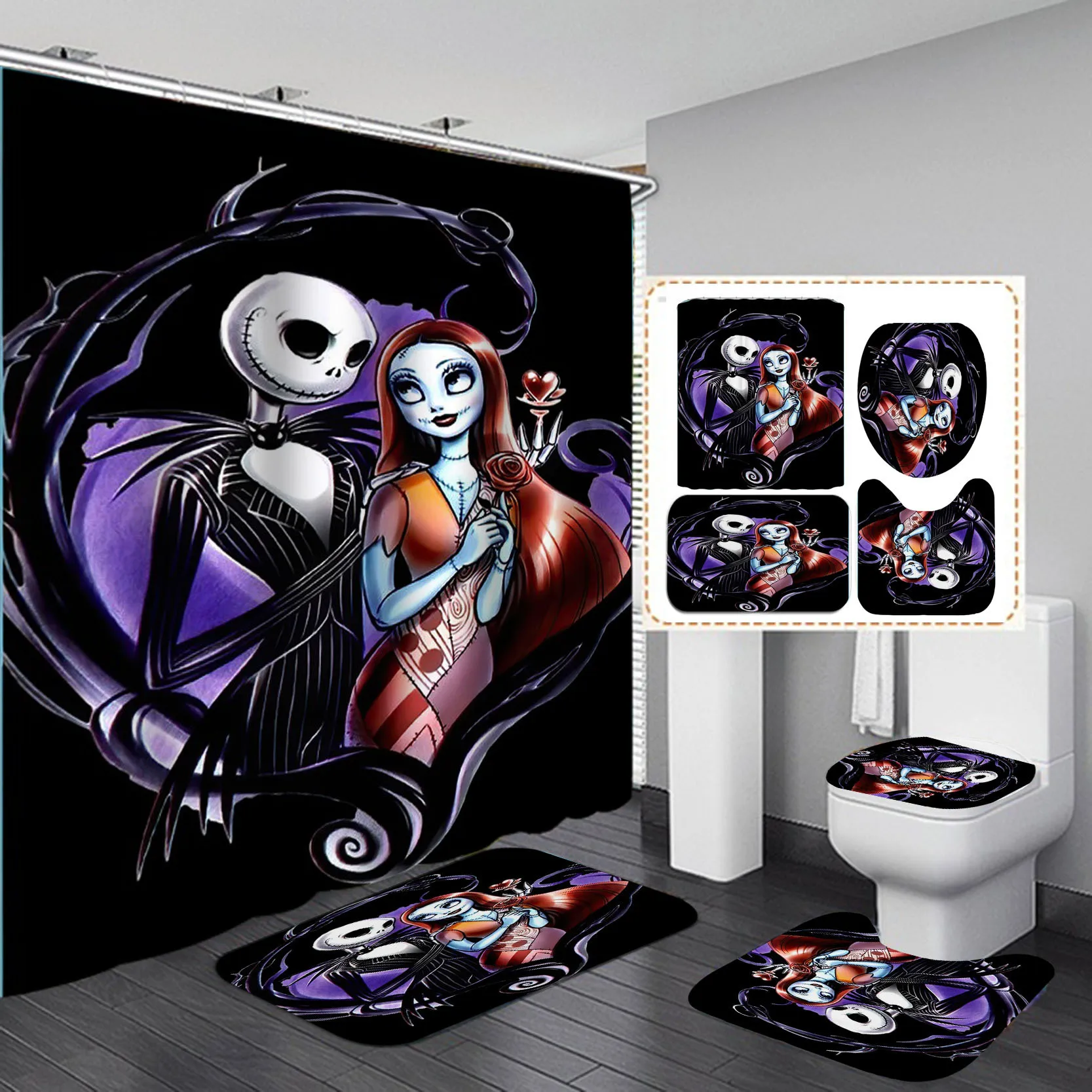 

Nightmare Before Christmas Shower Curtain Set Bathroom Green Curtain Frabic Waterproof Polyester Bathroom Decor with Hooks