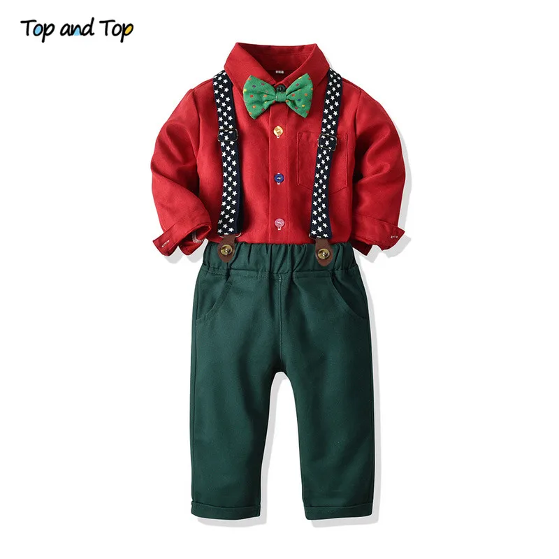 Top and Autumn Winter Children Boy Gentleman Clothes Suits Long Sleeve Shirt Tops+Suspender Pants 2Pcs Outfit for Christmas | Детская