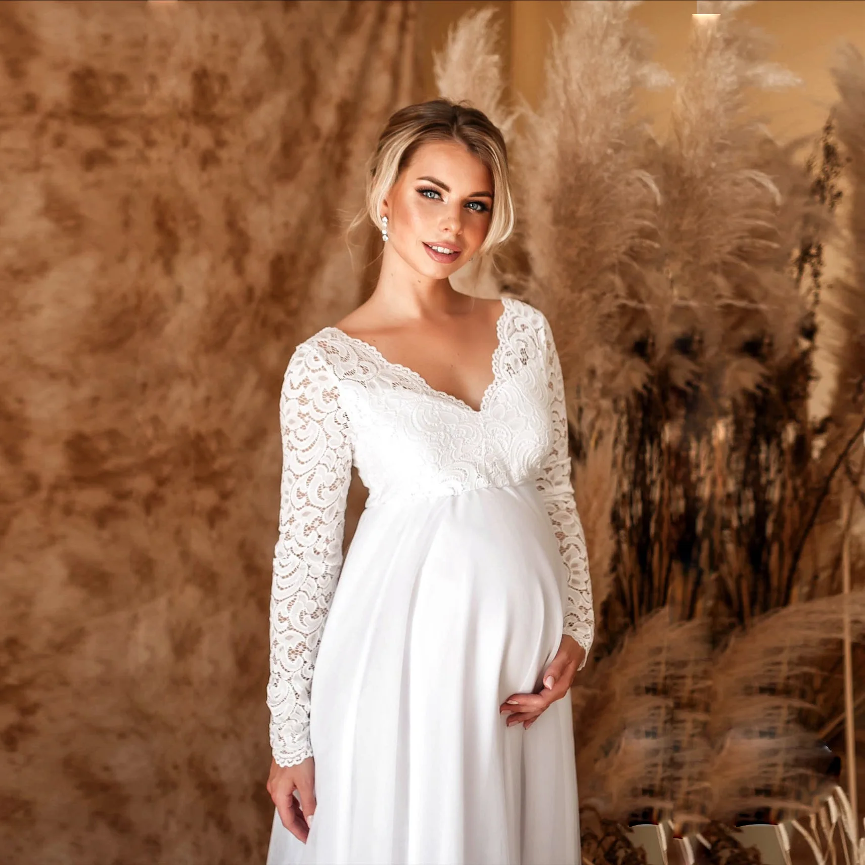Baby Shower Dress for Women Pregnant Woman Maternity Gown Pregnant Women V-Neck Long Sleeve Lace European and American White enlarge