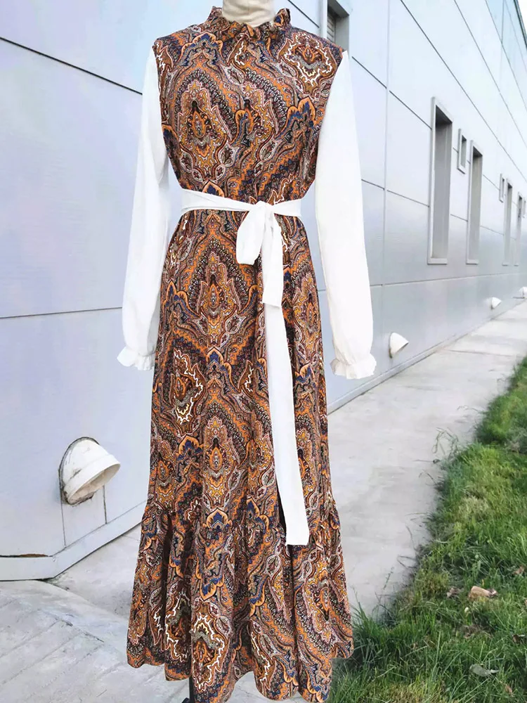 

Linen Blending Geomrtric Printing Dress Stand Collar Long Flare Sleeve Split Sexy Summer Dresses Patchwork Casual Vestidos