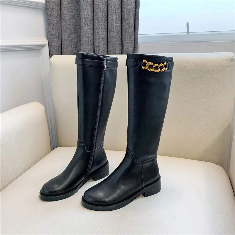 Black Velvet Lining Meotina/Женская обувь, Зимние ботинки для верховой езды Для женщин натуральный из натуральной кожи, с цепочкой толстый каблук сапоги до колена, на молнии, обувь с круглым носком женская обувь на осень; большие размеры 34-39 - Цвет: Black Velvet Lining