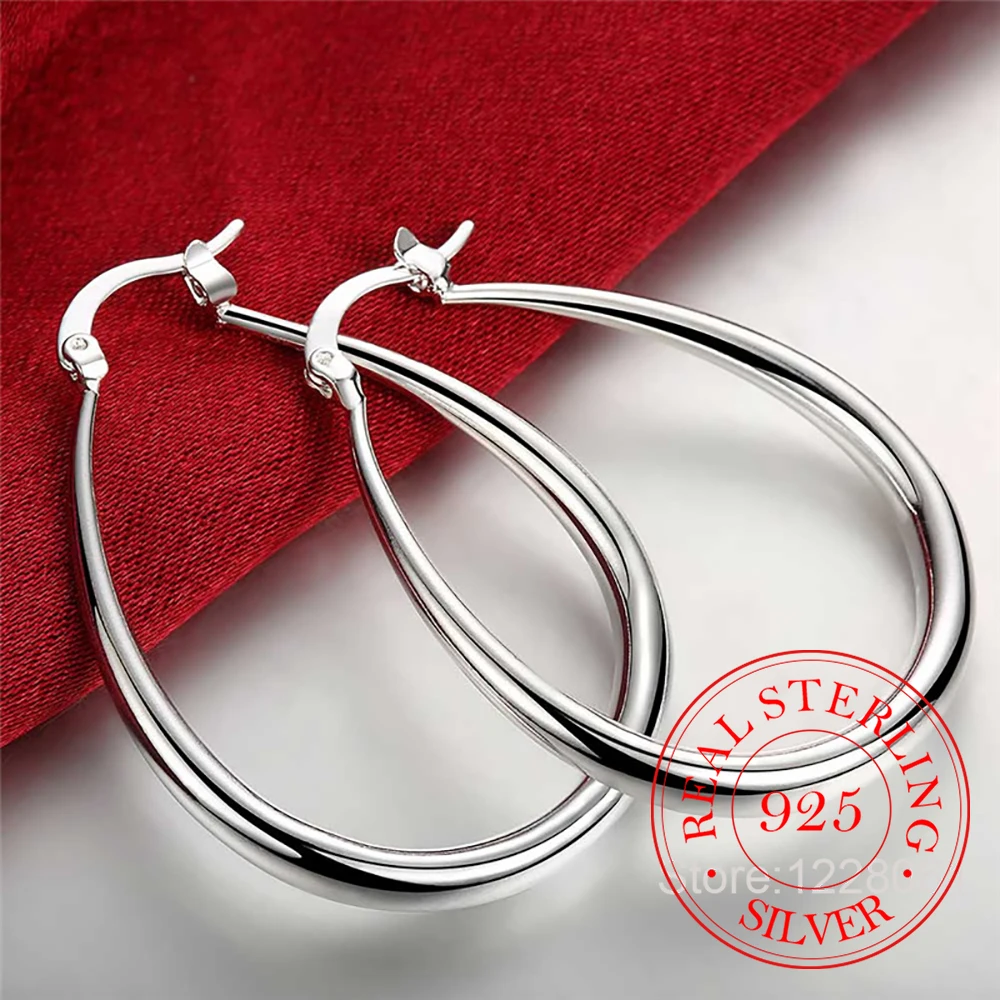 925 стерлингового серебра Гладкий круглые большие серьги-кольца для женщин модные