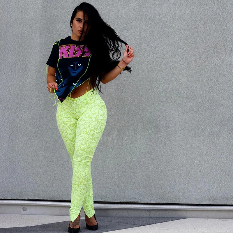 

TNNAOFF Aesthetic Print Pencil Pants for Women Side Split Hem Sexy Y2k Athleisure Trousers High Waist 2021 Leggings Sweatpants