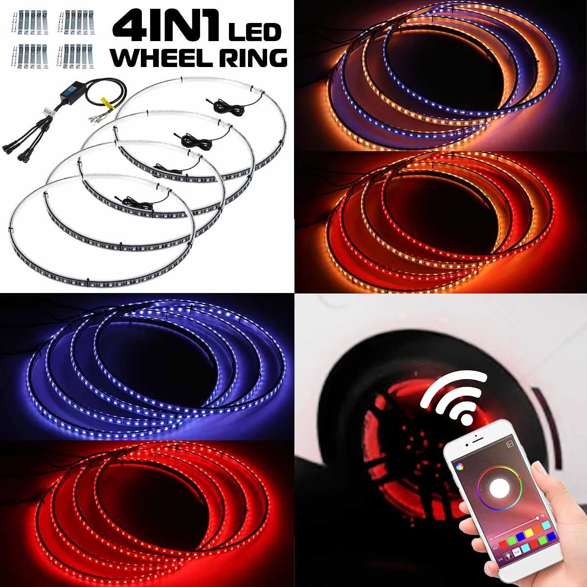 

Newest 4 IN 1 Car LED Wheel Ring Lights RGB 5050 SMD LED Chips 15.5 Inch bluetooth Control Single Row Light Strip for Car