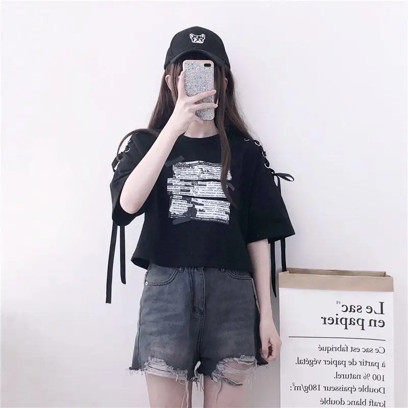 Весенне-осенний женский Укороченный свитшот с буквенным принтом на завязках