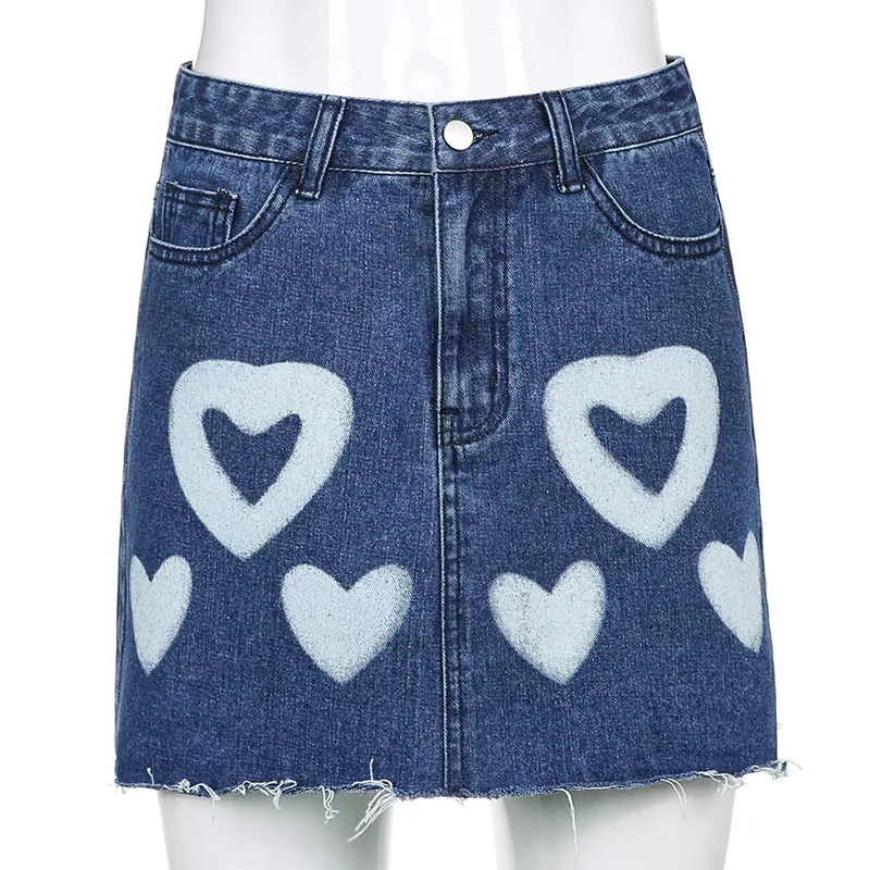 

2021 New Arrivals Womens Streetwear Half-length Print Heart Hot Short Skirt Fashion High Waist Women Denim Skirts