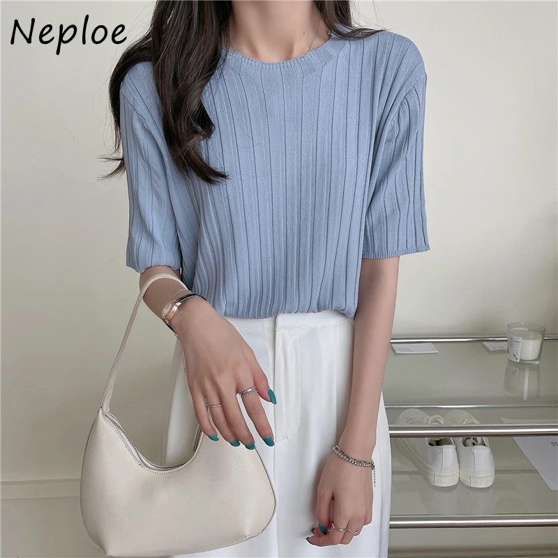 Neploe корейский пуловер с круглым вырезом Вязаная футболка коротким рукавом