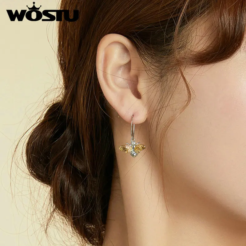 WOSTU Bee Drop Earrings 925 Sterling Silver Shiny Zircon Hollow Design Dangle For Women Orginal Jewelry CTE452 | Украшения и