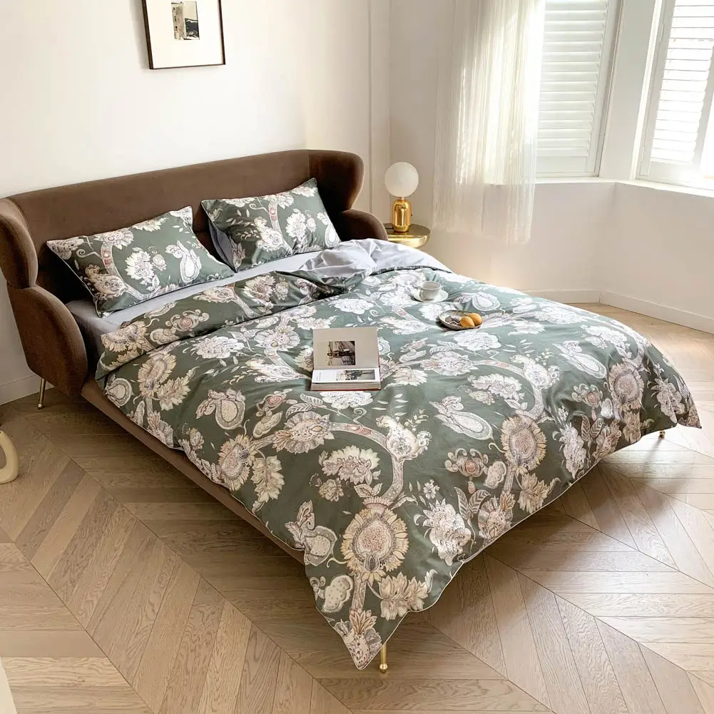 

Papa&Mima Bohemian Flowers Green Egyptian Cotton Bedding Set Printed Flat Fitted Sheet Pillowcase Duvet Cover Sets Bed Linens