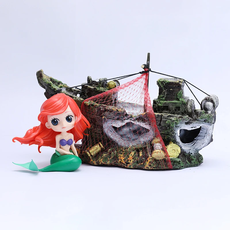 

[Funny] Mermaid & Boat scene action figure Mermaid and abandoned shipwreck ship on the seabed Fish tank decoration gift