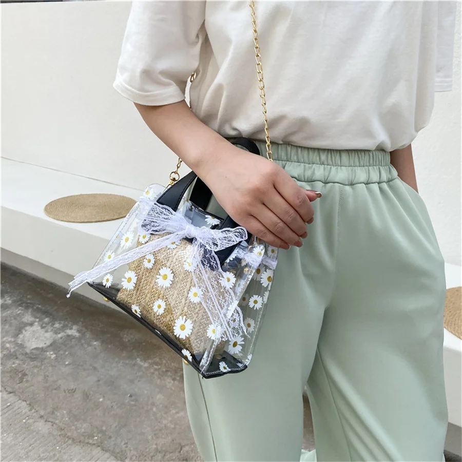 Прозрачная Плетеная соломенная сумка через плечо с цепочкой Женская квадратная