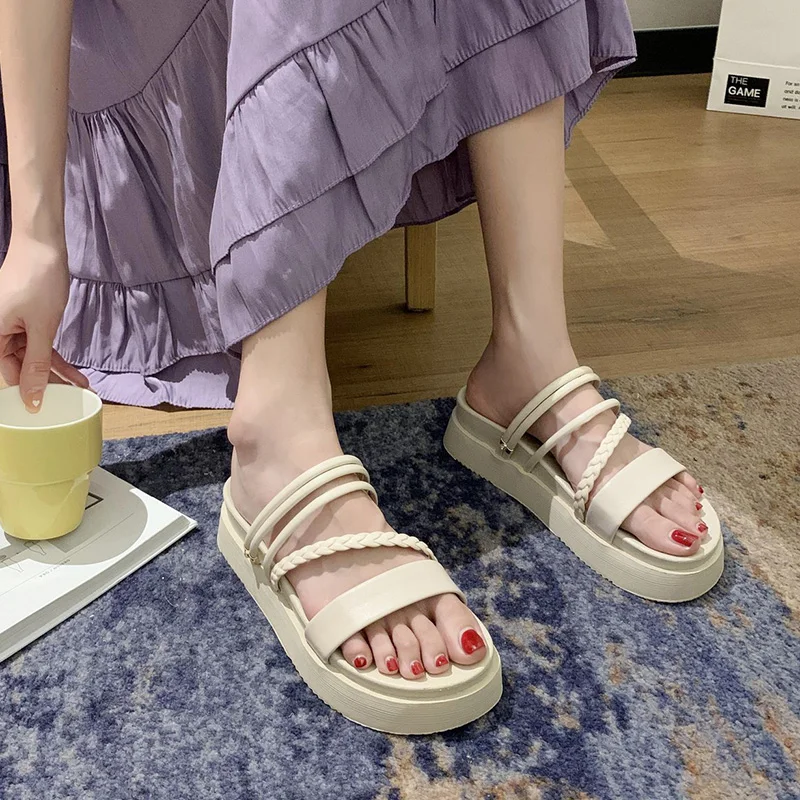 

Beach Shoes Med Woman's Slippers Platform Slides Fashion Sabot 2021 Flat Summer Soft Luxury Rome Basic PU Slippers Women Summer