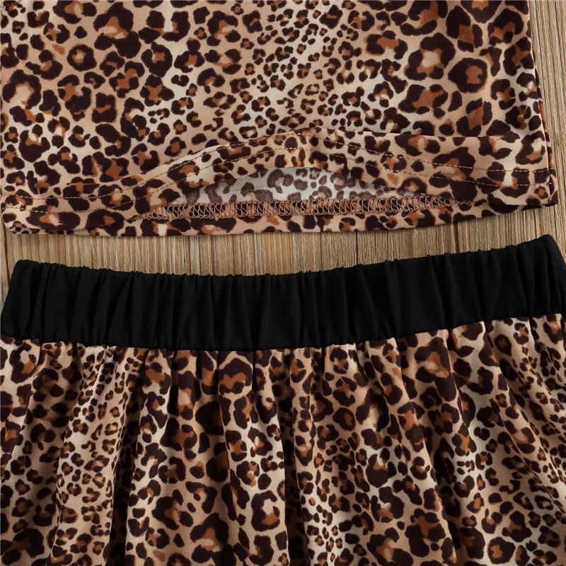 

2021 New Kids Girls Fashion 2-piece Summer Outfit Set Fly Sleeve Leopard T Shirt Tops and High Waist Skirt Set for 2-7T