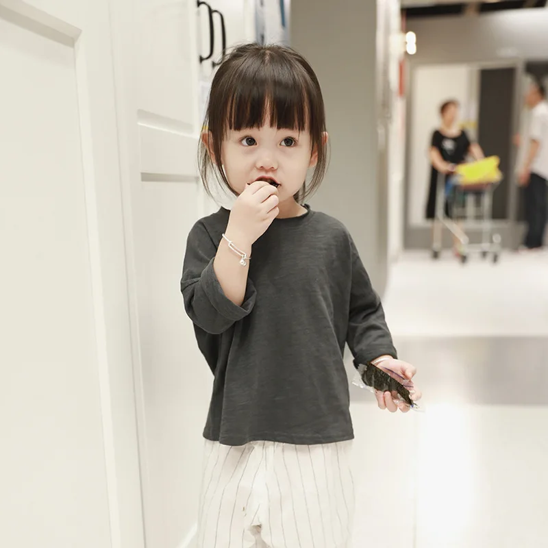 2020 весна-осень Детские хлопковые однотонные футболки с длинными рукавами для