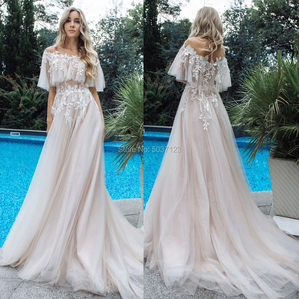 Очаровательные свадебные платья телесного цвета из тюля А силуэта с открытыми