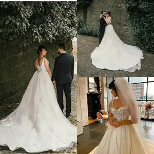 2021 New Wedding Dresses V Neck Lace Appliques Beads Sequin Bridal Gowns Custom Made Backless Sweep Train A-Line Wedding Dress