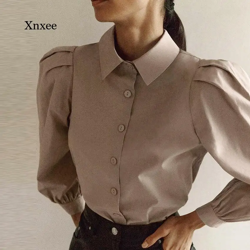 Женская трикотажная рубашка с отложным воротником длинным рукавом-фонариком