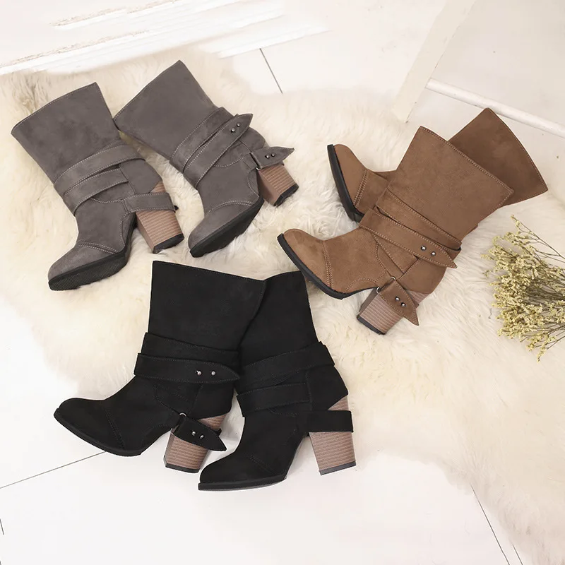 Новинка модные женские сапоги до середины икры с круглым носком сезон осень зима