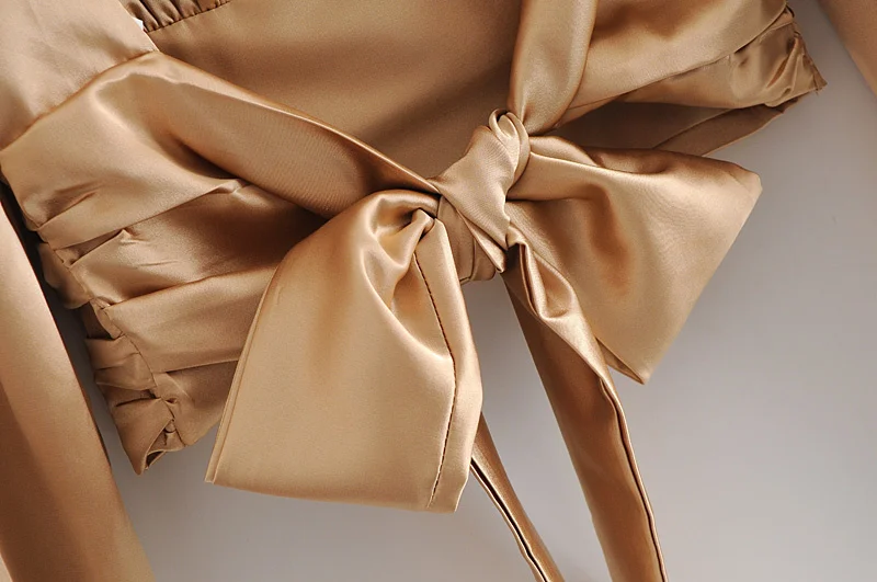 

Autumn Elegant Ruched Pleated Slit Backless Silk Shirt Apricot Fashion High Collar Tie Bow blouse women Sexy blusas Tops