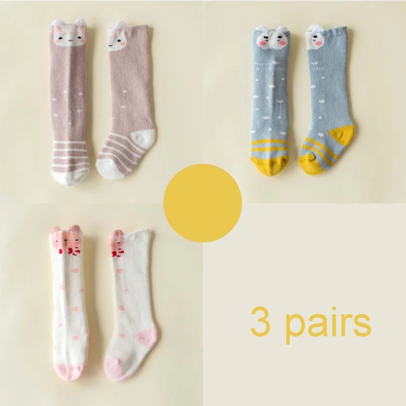 

3 Pairs Unisex Infant Baby Knee High Socks Cute Cartoon Animal Print 3D Ears Toddler Winter Thickening Terry Towel Cotton DXAD