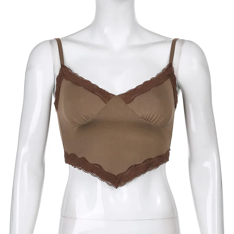 

Y2K EGIRL Indie Aesthetics Lace Trim Cami Tops Vintage Deep V-neck Spaghetti Strap Backless Party Tops Streetwear Cropped Tanks
