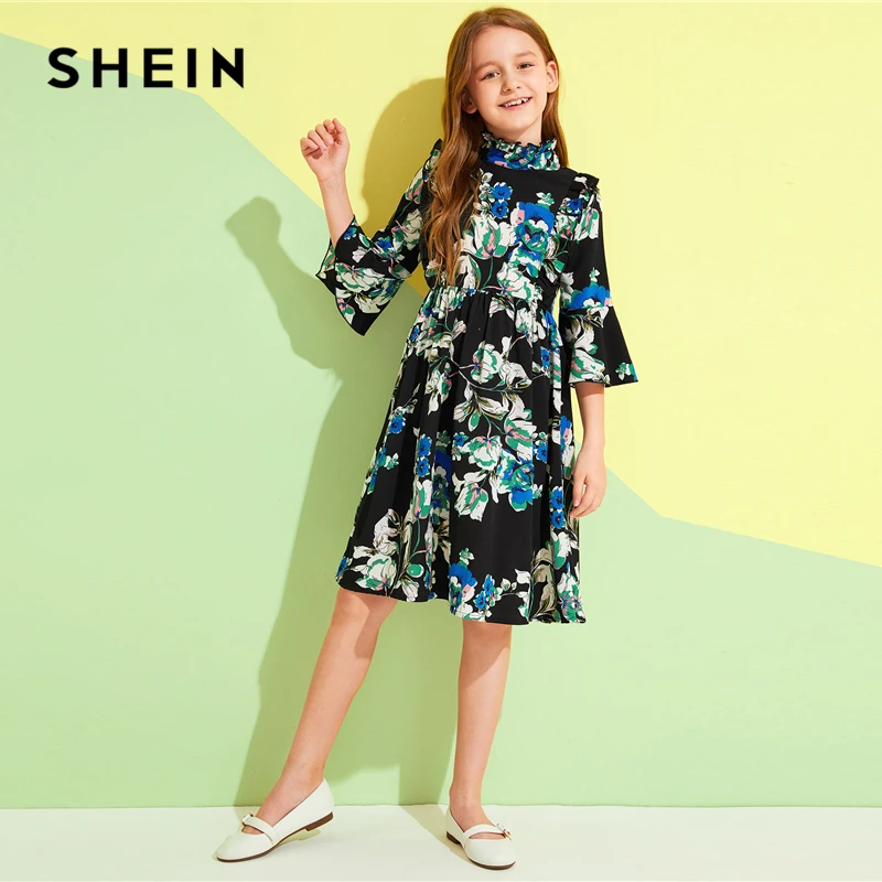 SHEIN/детское милое платье для девочек со стоячим воротником с цветочным принтом и рюшами; коллекция года; летние платья до колена с рукавами-воланами