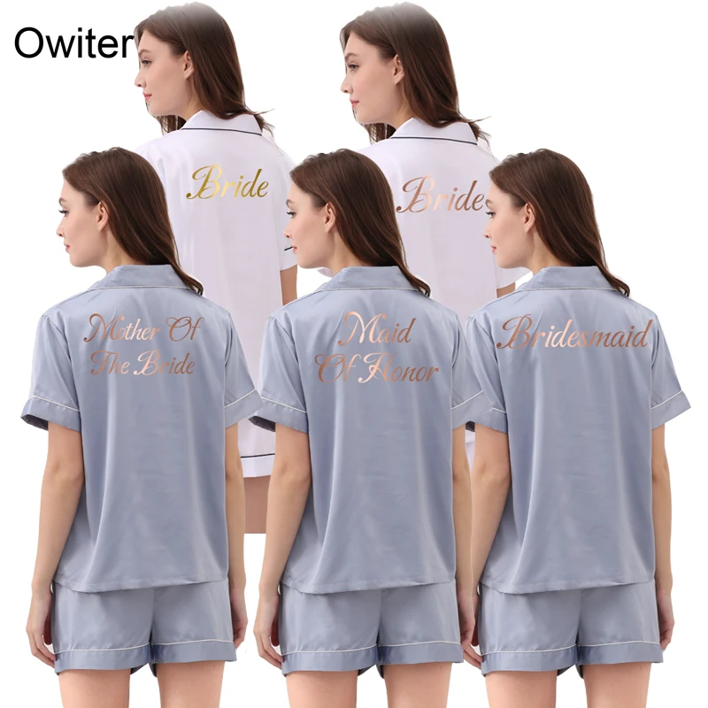 Pajamas Set Womens Silk Satin Wedding Bridesmaid Bride Pyjama Set Wear Pajamas Short Sleeve Pjs Set Gray Blue