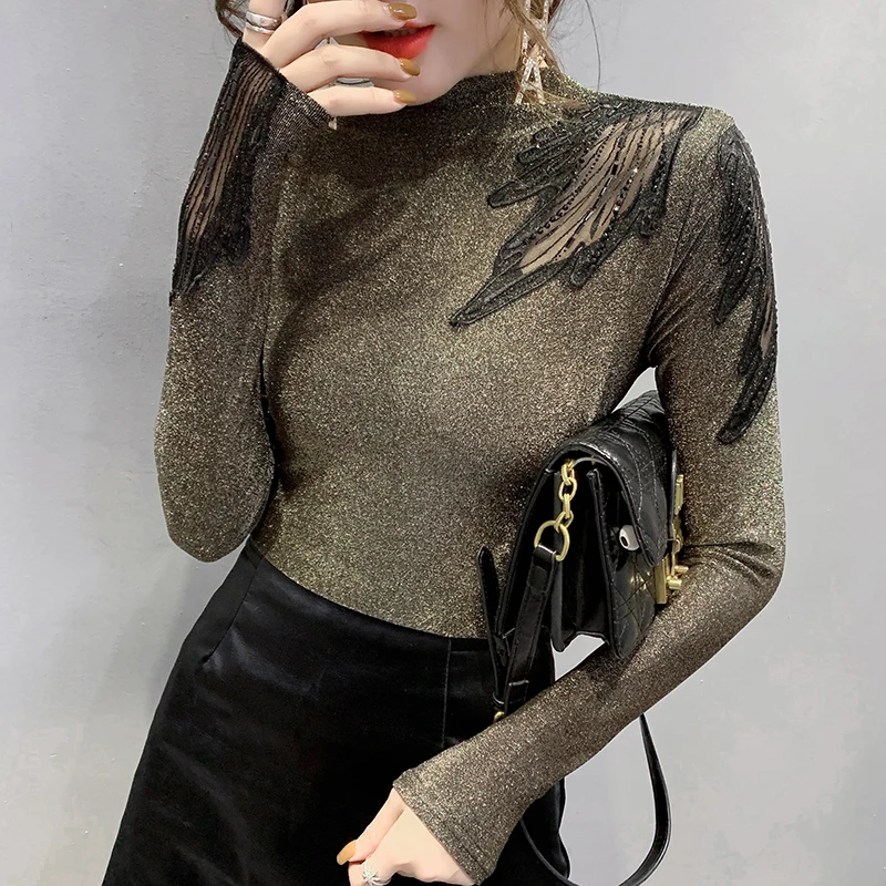 Модная одежда сексуальная блестящая Лоскутная Кружевная футболка со стразами