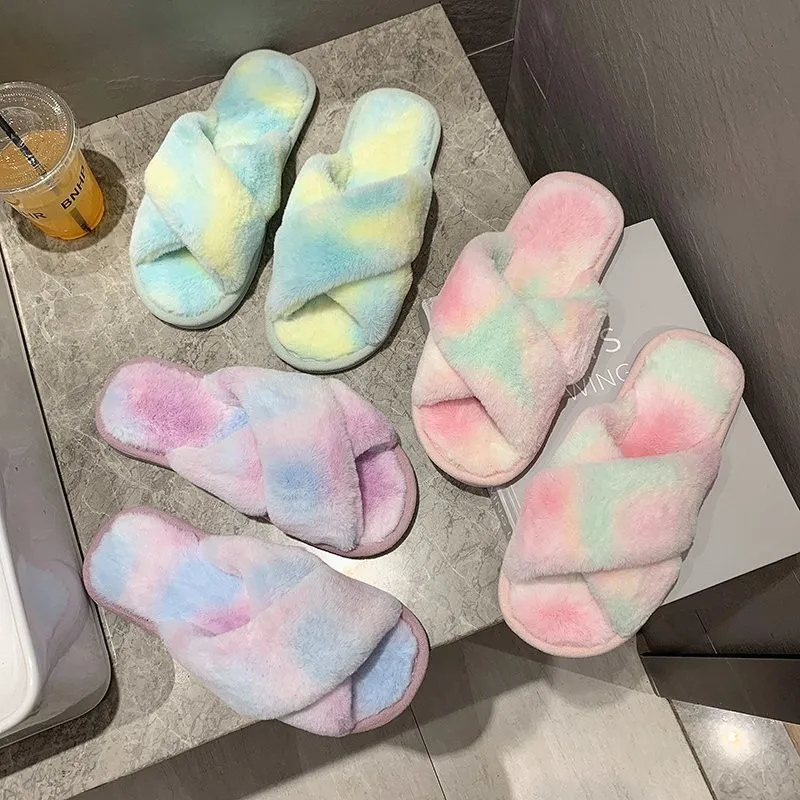 

2020 Women New Cross Slippers Winter Indoor Flat Bottom Warm Plush Cotton Slides Female Cute Fluffy Home Flip Flops EU35-40