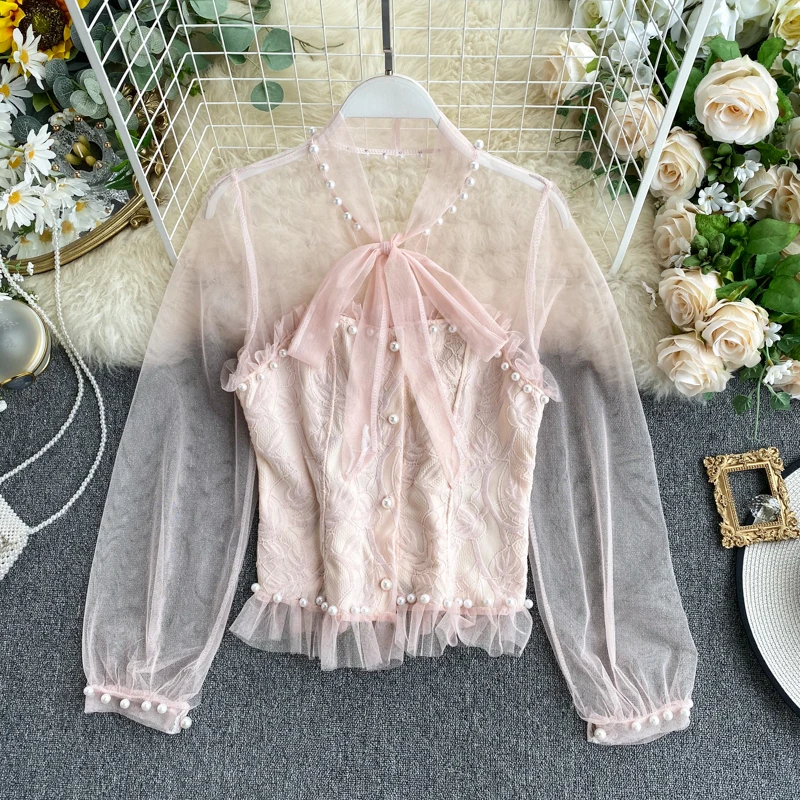Women Elegant Lace Shirt New Pearl Bow Neck Mesh Perspective Long Sleeve Blouse Spring 2020 K899 | Женская одежда