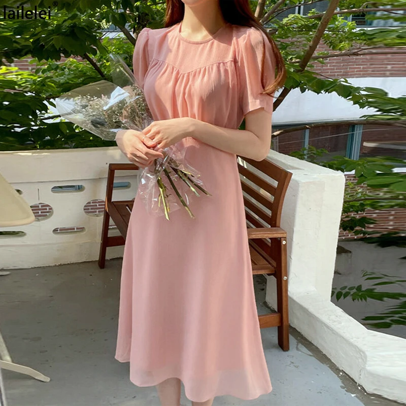 

Solid Chiffon Midi Dress O-Neck Puff Sleeve A-Line Vestidos Largos Verano 2021 Women Elegant Pink Ruched Korean Blue Robe Femme