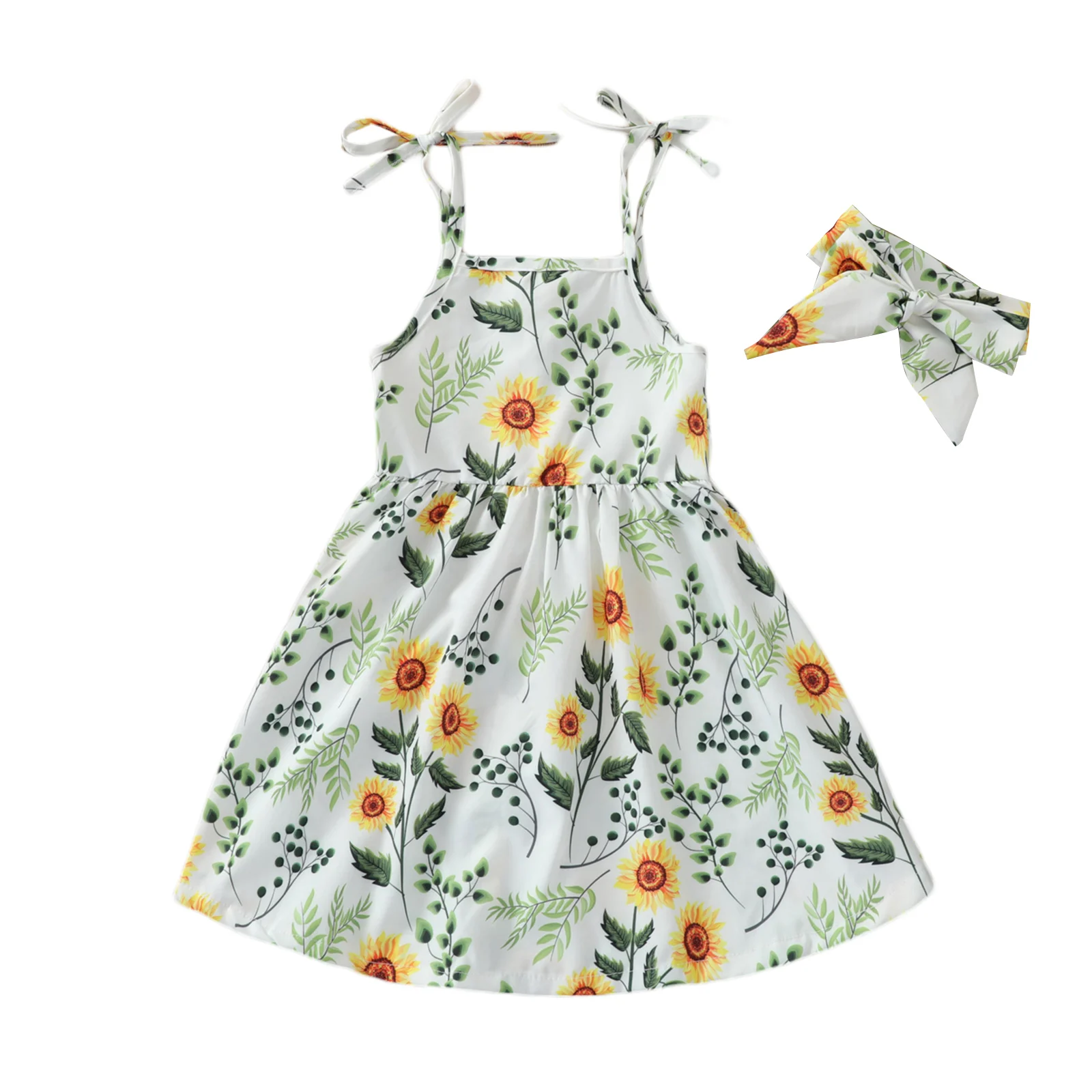 

2021 Casual Baby Girls Kids Dress Sunflower Print Sleeveless Strappy Gown With Bowknot Headband For Summer, 0-6 Years