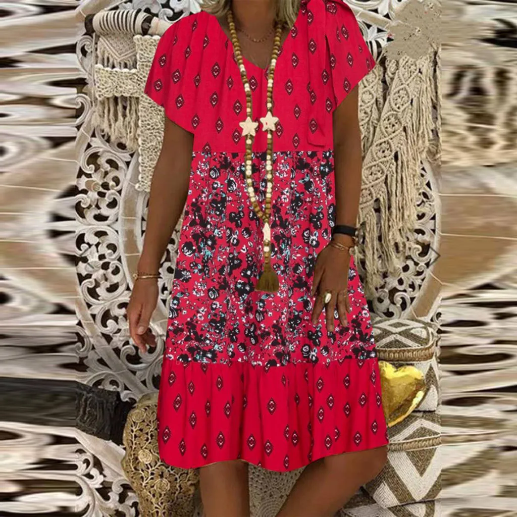 

Print Summer Women Sleeve Mini Dress V-Neck Floral Dress Vintage Short Casual Women's Dress