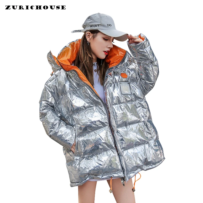 ZURICHOUSE/женская зимняя куртка оверсайз модный металлический серебристый пуховик с