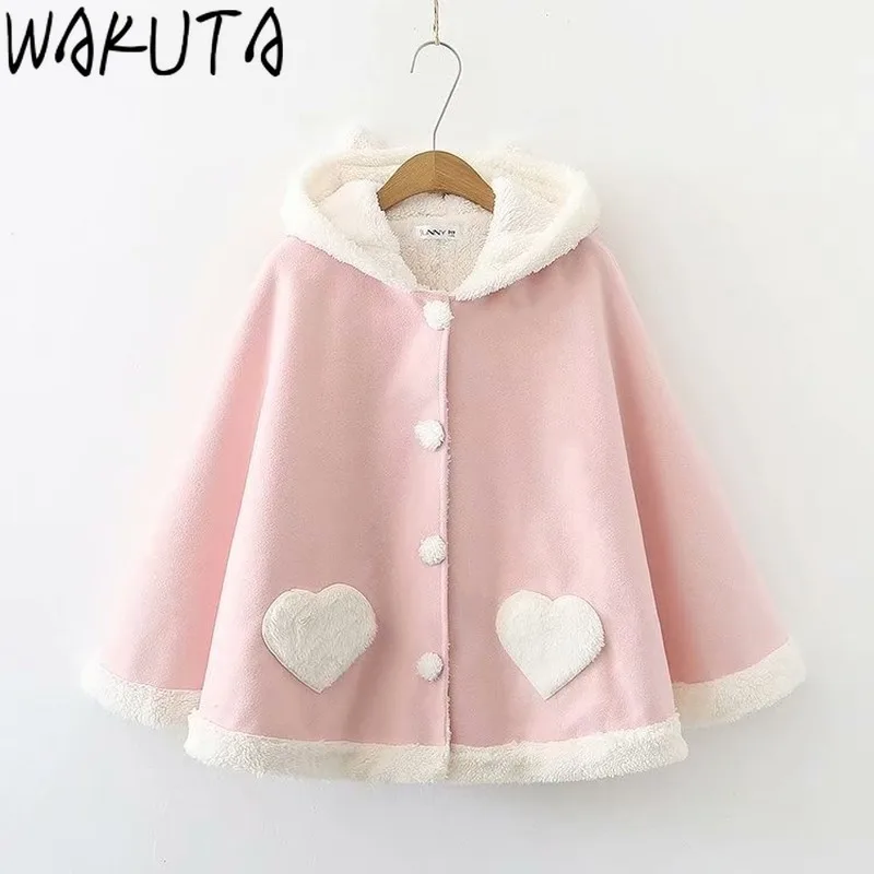 Теплая шерстяная накидка с аппликацией WAKUTA Женская куртка в японском стиле
