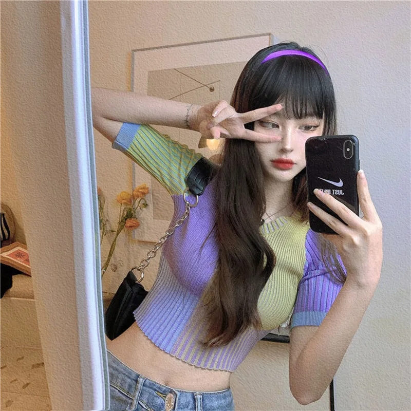 

Летний облегающий пуловер с открытым пупком, дышащая футболка из вискозы, трикотажный топ с коротким рукавом для женщин