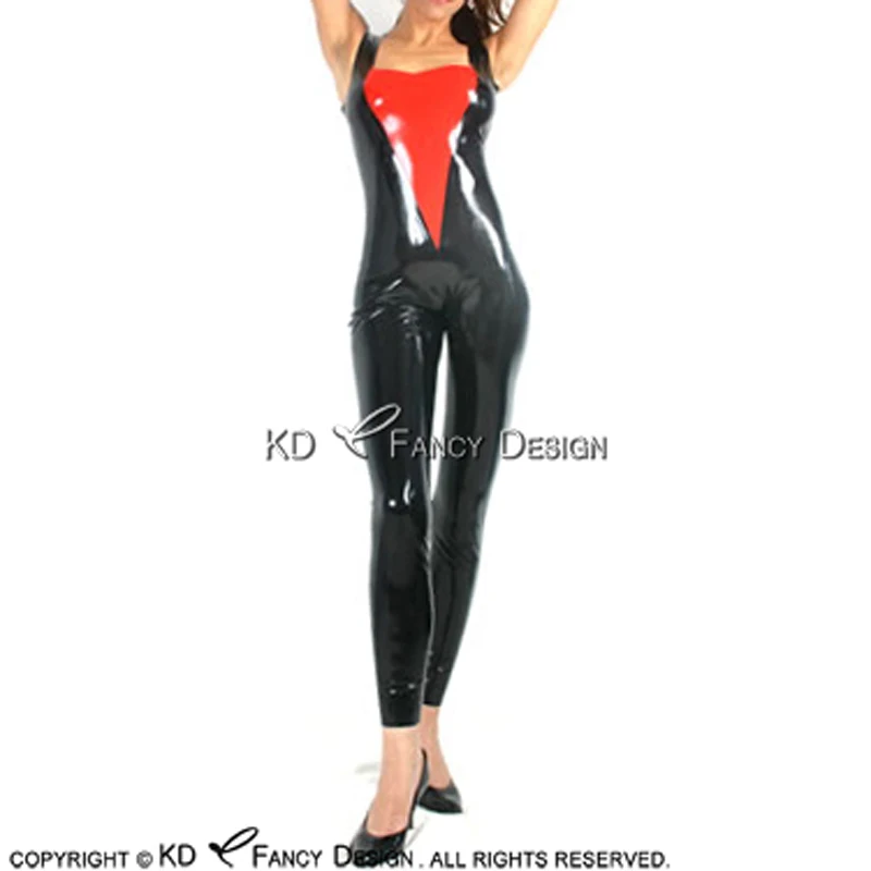 

Black And Red Sleeveless Sexy Latex Catsuit With Triangle Back Zipper Rubber Bodysuit Zentai Overall Body Suit LTY-0245