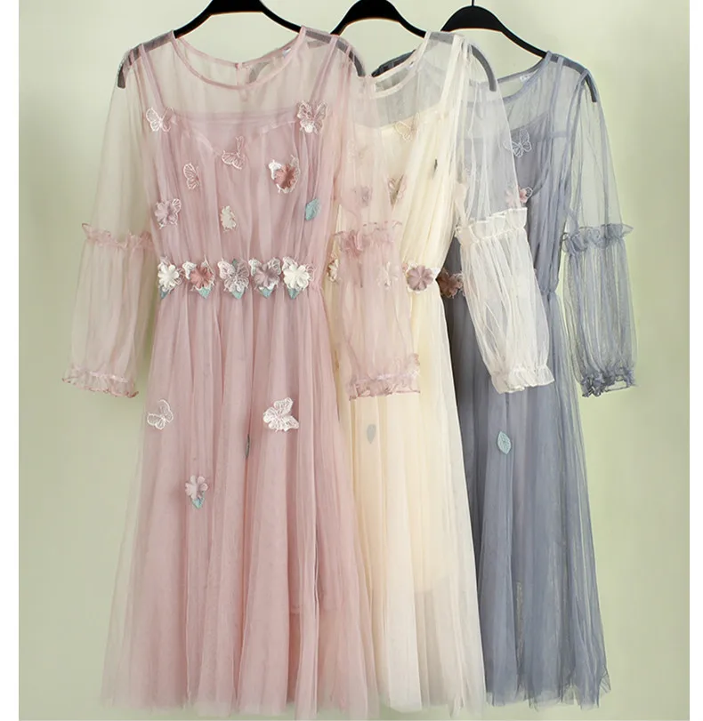 Летние сетчатые платья женские с рукавом до локтя милые для девушек кружевное