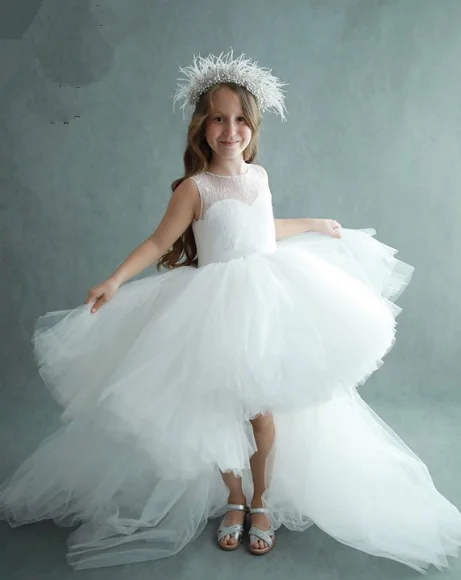 

White Flower Girls Dresses for Wedding Party Puffy Tulle Girls Birthday Party Dresses Photoshoot Custom