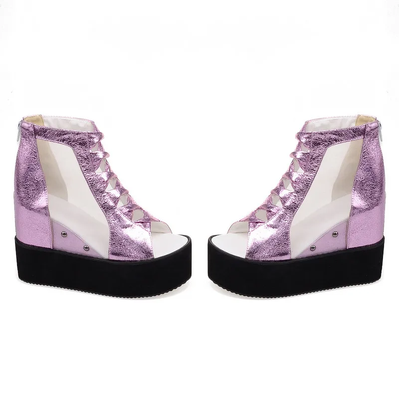 

Summer Ankle Boots Creepers Lady Mesh Cross Tied Peep Toe Womens Party Shoes Gold Silver Platform Wedges Heel Sandals