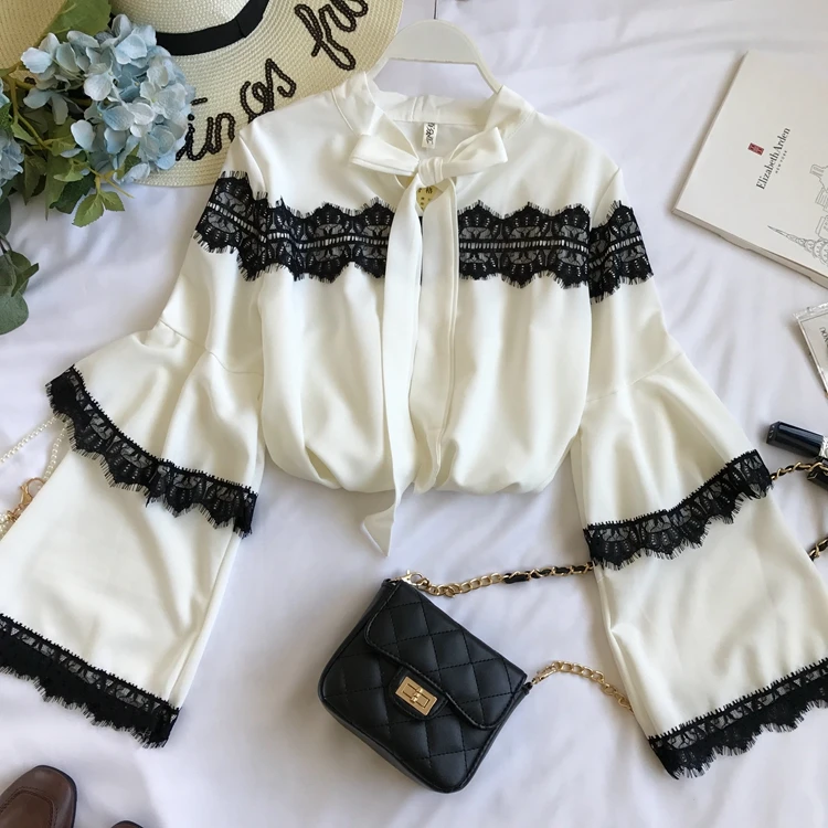 Осенняя и зимняя кружевная Повседневная рубашка с длинными расклешенными